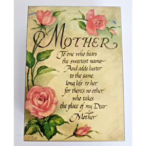 Vintage Mother's Poem Wooden Cedar Keepsake Jewelry Box Pink Painted Flowers